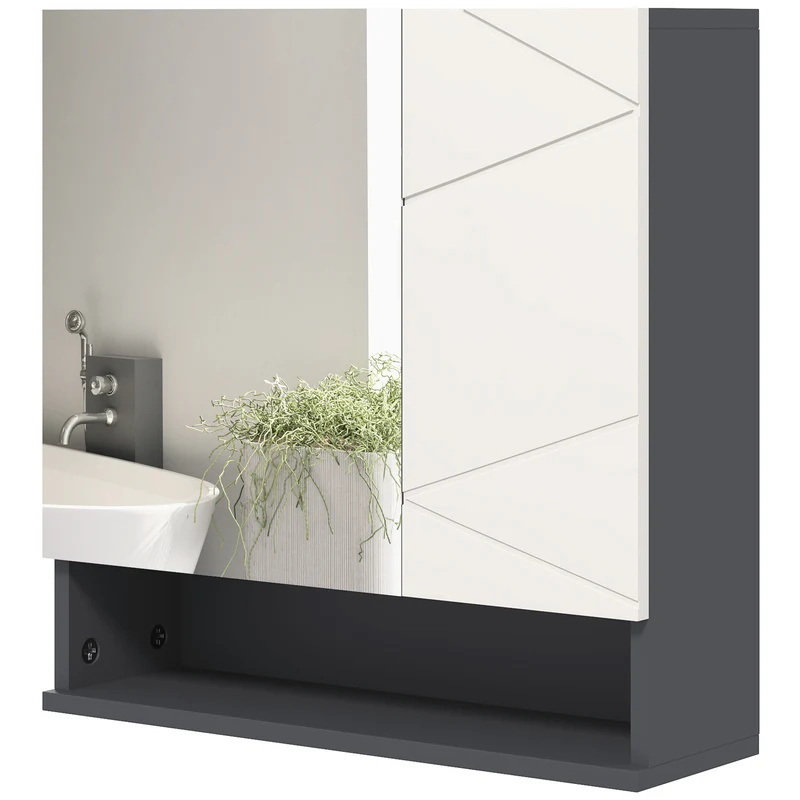 Easycomfort Armadietto con Specchiera Bagno a 2 Ante e Mensole Regolabili in Legno, 55x17x55cm, Grigio