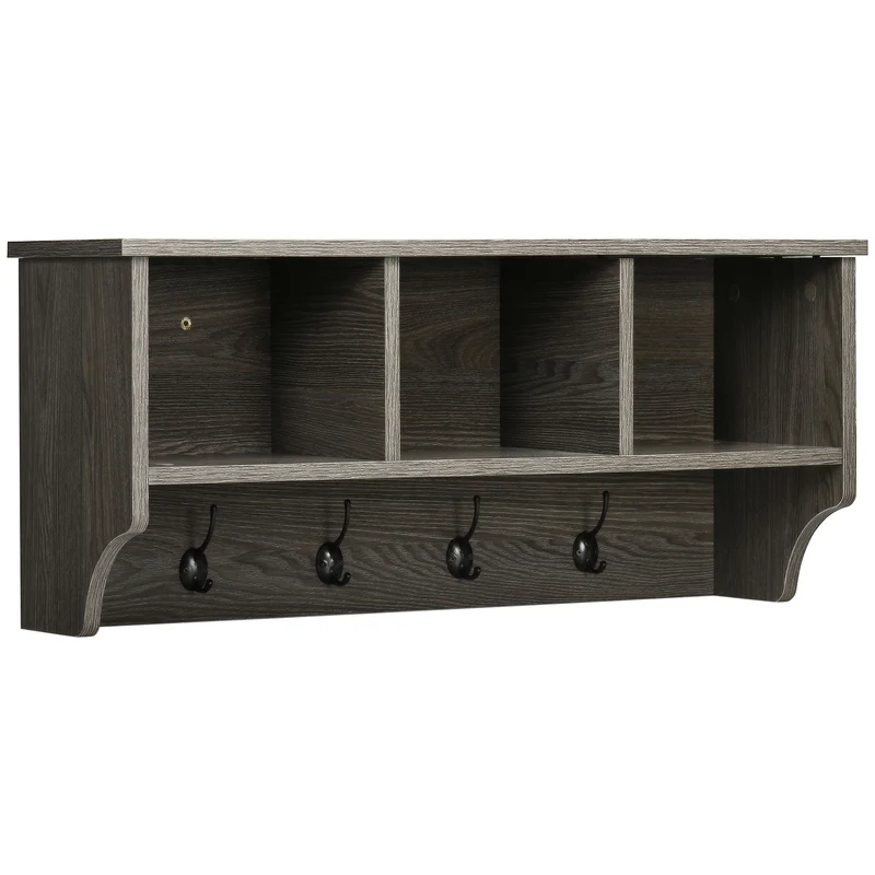 Easycomfort Wandgarderobe im rustikalen Stil mit 4 Haken und Fächern aus Holz und Metall, 80 x 24 x 35,5 cm, Grau