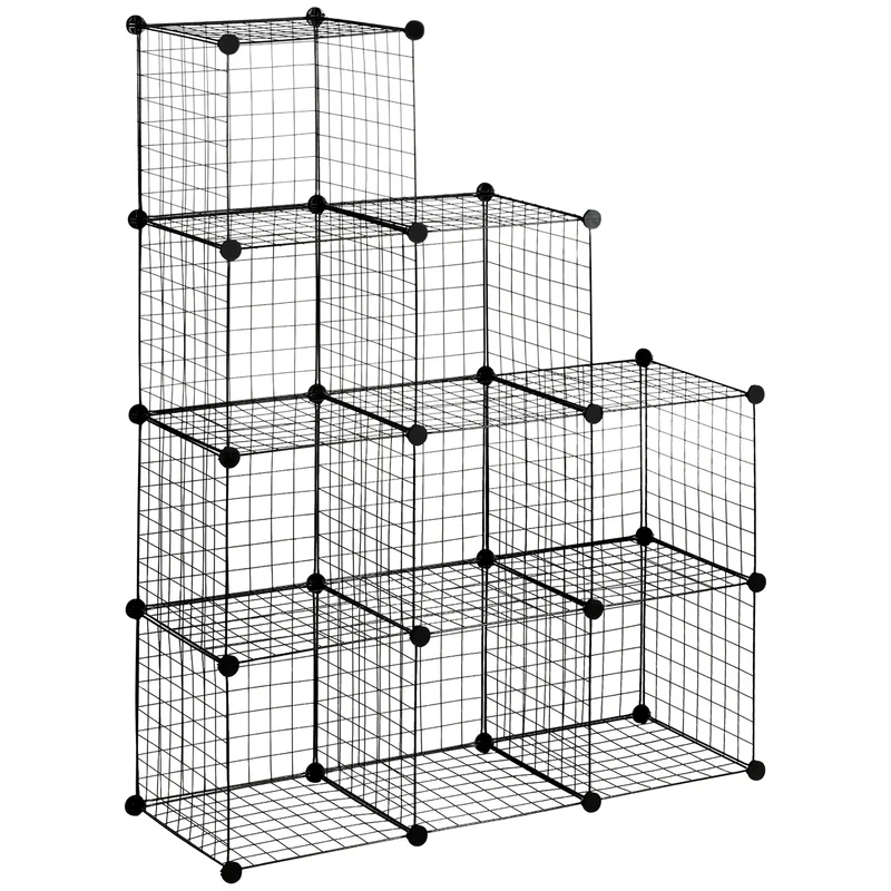 Platzsparendes mobiles Bücherregal Easycomfort, 9 Netzwürfel mit Stahl- und PP-Platten, 35 x 35 x 35 cm, Schwarz