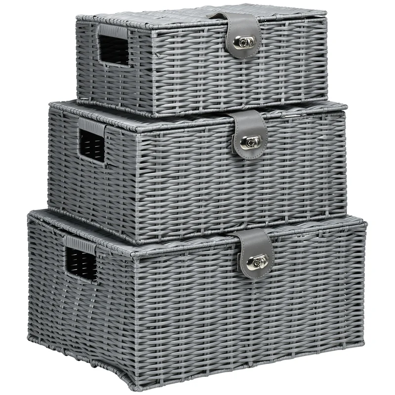Easycomfort Set di 3 Cesti in Vimini PP con Coperchio di Diverse Dimensioni, Grigio