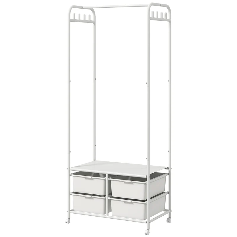 Easycomfort Kleiderbügelständer mit Schuhregal mit 4 Körben und 8 Haken, aus Stahl und Kunststoff, 63 x 37 x 153 cm, Weiß
