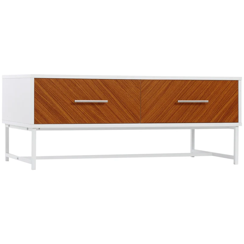 Easycomfort Couchtisch mit 2 Schubladen und offenem Fach aus Holz und Metall, 100 x 50 x 40 cm, Weiß und Braun