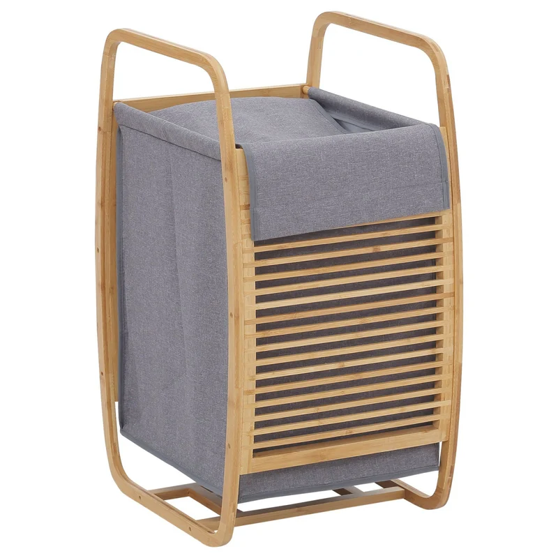 EASYCOMFORT Cesto Portabiancheria in Bambù con Maniglie, Sacco in Tessuto con Coperchio - Grigio