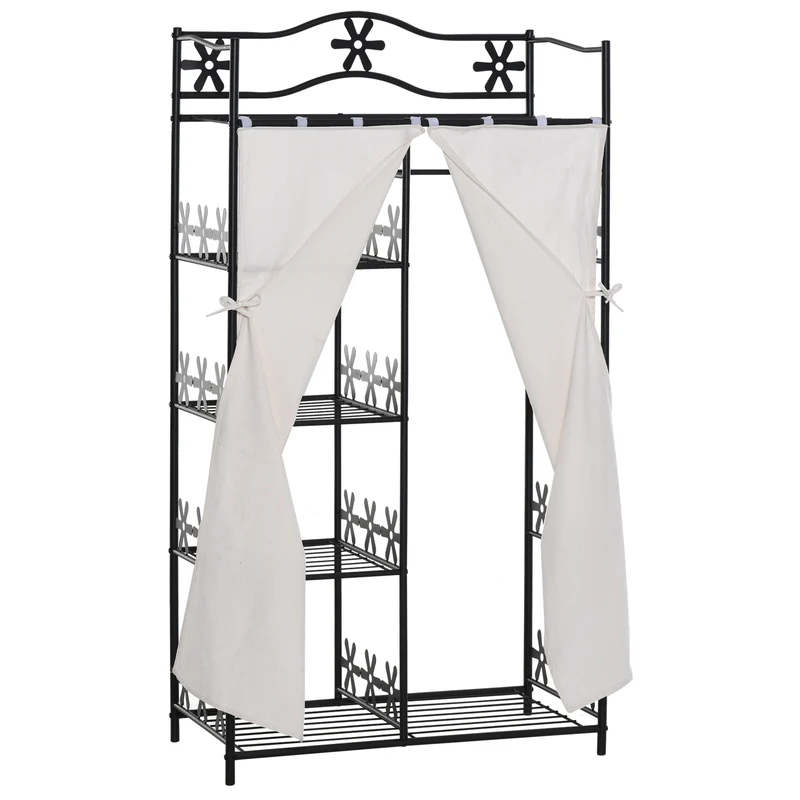 Easycomfort Armadio Guardaroba Appendiabiti con 5 Ripiani e 2 Tende, 84 x 42 x 158.5cm, in Metallo Nero con Decori a Fiori