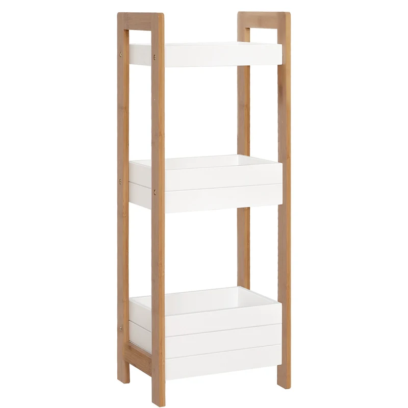 Easycomfort Mobiletto Bagno Multiuso Scaffale a 3 Ripiani Compatto in Legno MDF e Bambù, Bianco, 27.5x20.8x74cm