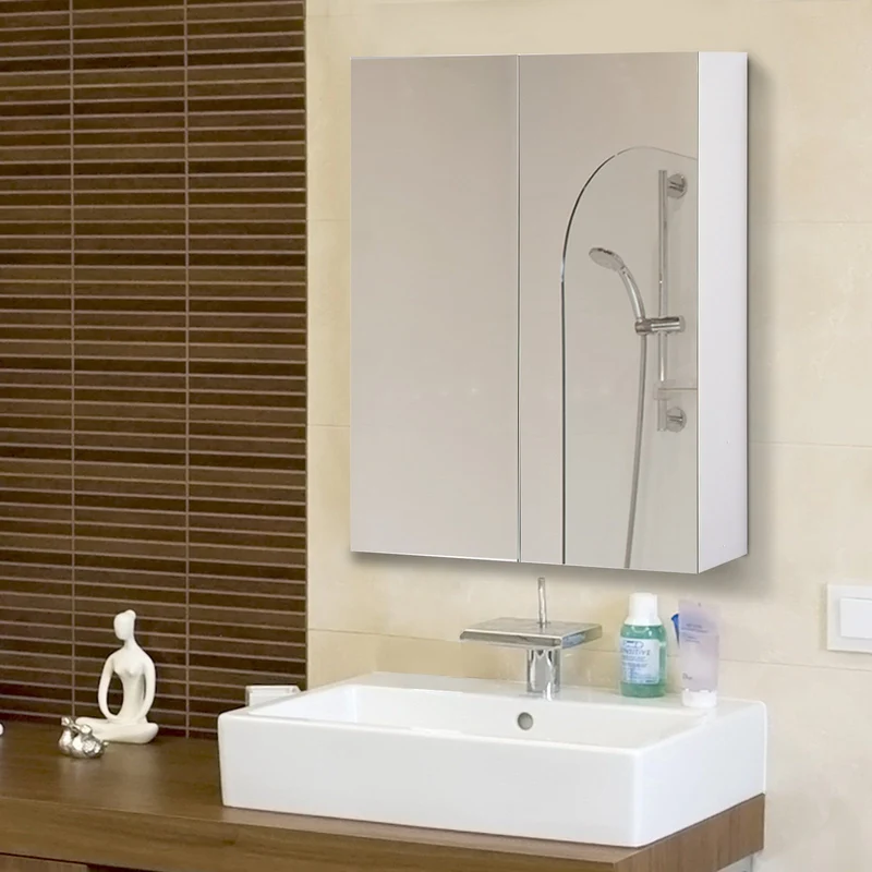 EASYCOMFORT Mobiletto Pensile da Bagno con 2 Ante e Specchiera in MDF Bianco 60 x 75 x 15cm