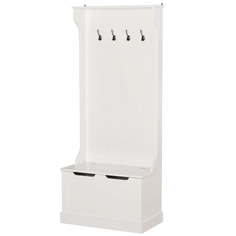 Easycomfort Appendiabiti con Panca Contenitore in MDF, per Casa e Ingresso, Max.100kg - 71.5 x 39.5 x 170cm, Bianco