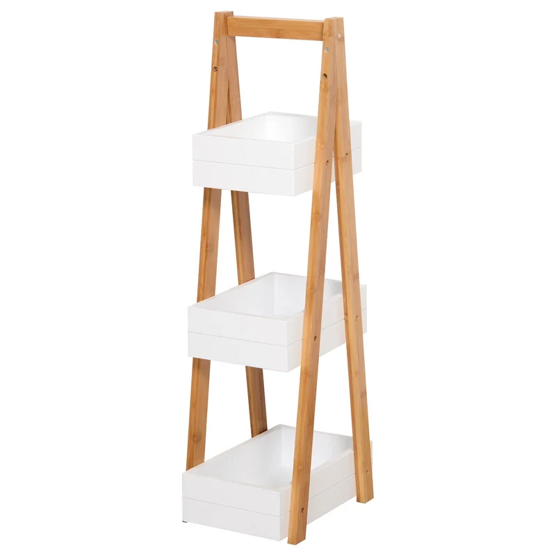 EASYCOMFORT Mobiletto Bagno Salvaspazio 3 Ripiani in Legno MDF Bianco e Bambù, 21x30x81cm