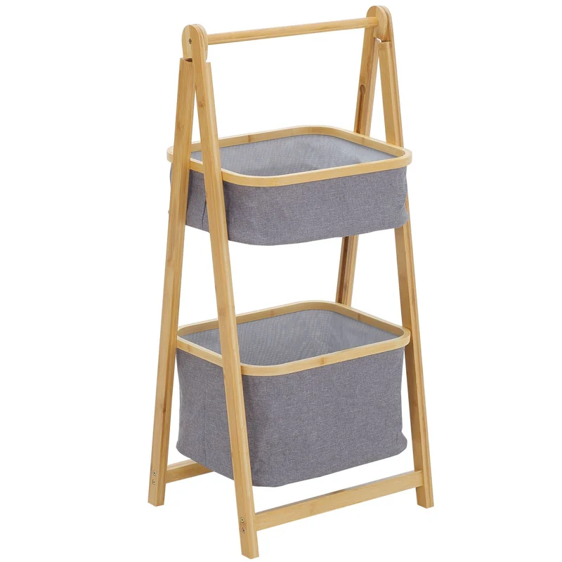 Easycomfort Mobile Bagno Pieghevole in Bambù con 2 Cassetti in Tessuto Poliestere Grigio, 45x35x98cm