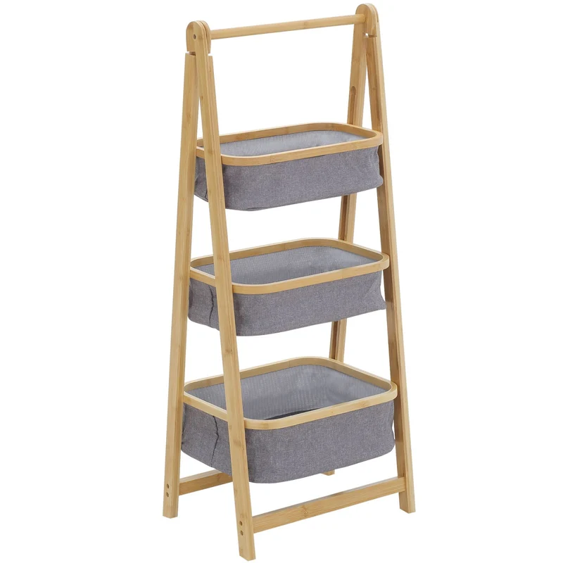 Easycomfort Mobile Bagno Pieghevole con 3 Cassetti in Bambù e Tessuto Poliestere Grigio, 45x31.5x108cm