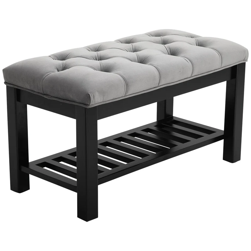 EASYCOMFORT Panca Scarpiera Chesterfield Imbottita Legno Nero e Flanella Grigia 80x40x46cm