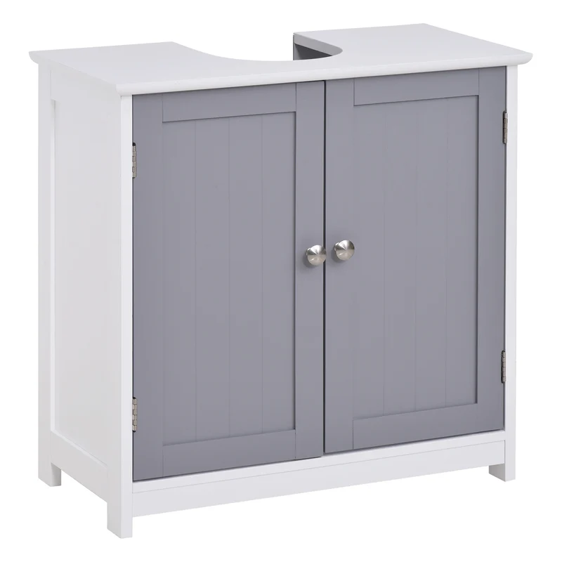 Easycomfort Mobile Sotto Lavabo Bagno con Taglio a U, Armadietto 2 Ante con Mensola Regolabile in MDF, 60x30x60cm Bianco Grigio