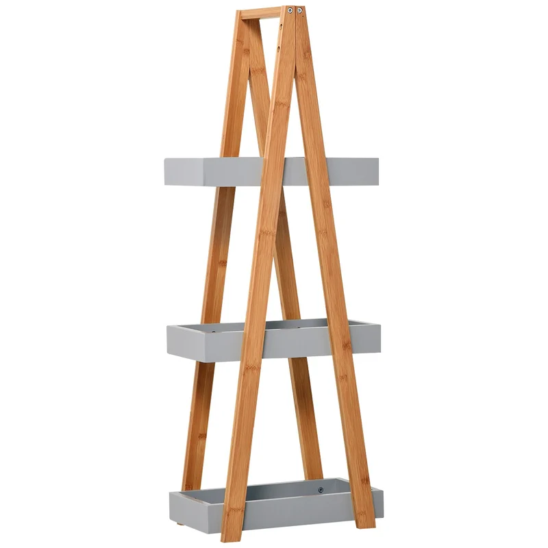 Easycomfort Scaffale Salvaspazio da Bagno in MDF e Bambù, Forma a Piramide con 3 Mensole, Color Legno e Grigio, 30x18x81cm