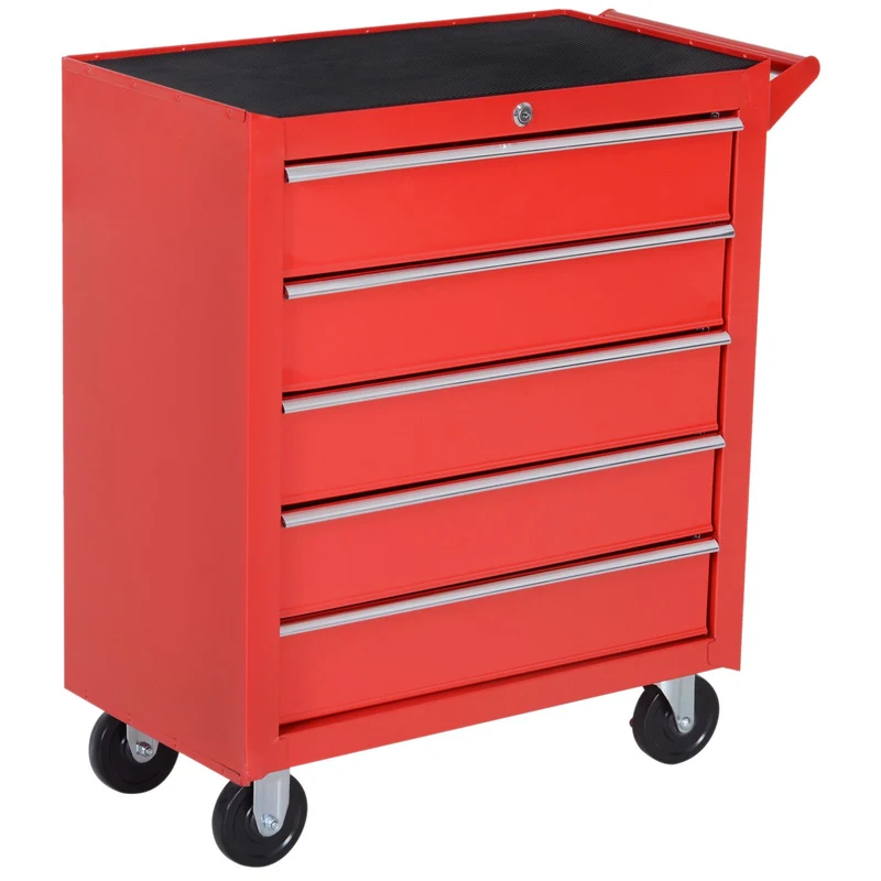 EASYCOMFORT Carrello da Officina Porta Attrezzi con 5 Cassetti con Serratura, Ruote e Maniglia, in Acciaio 69x33x75cm, Rosso