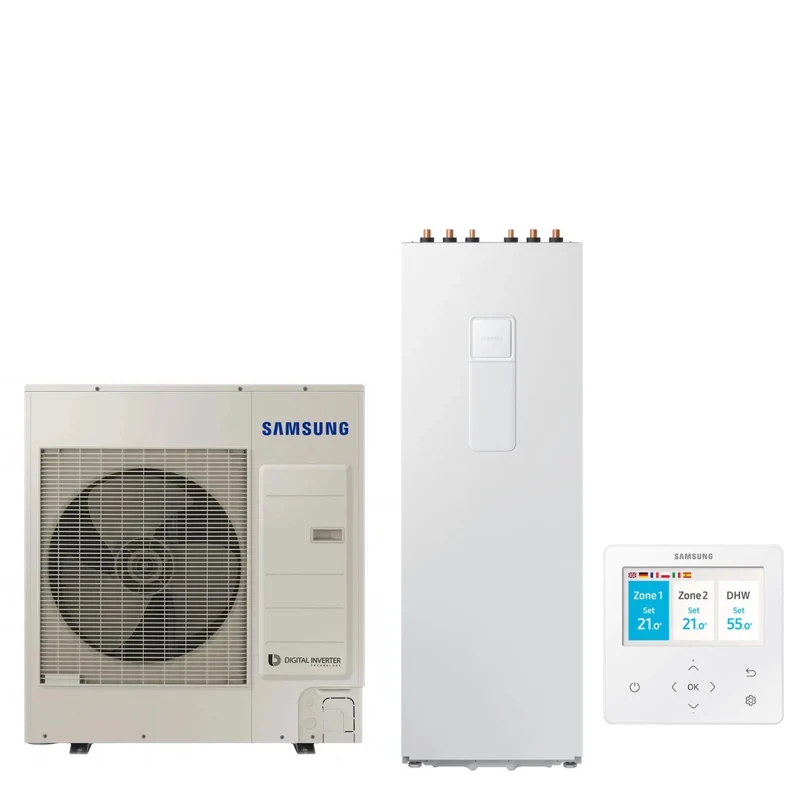 Split-Luft-Wasser-Wärmepumpe Samsung ClimateHub AE260RNWSGG + AE090RXEDGG 260-Liter-Dreiphasenkessel mit Steuerung im Lieferumfang enthalten