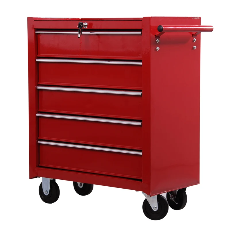 Easycomfort Carrello Porta Utensili con 5 Cassetti, Serratura, 2 Chiavi e Manubrio Parete Smontabile 2 Ruote con Freno in Lamiera d'Acciaio EVA Rosso 67,5x33x77cm