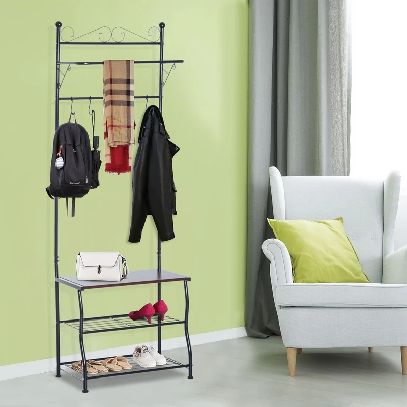 EASYCOMFORT Appendiabiti per Ingresso con Ripiani Scarpiera in Metallo, Nero