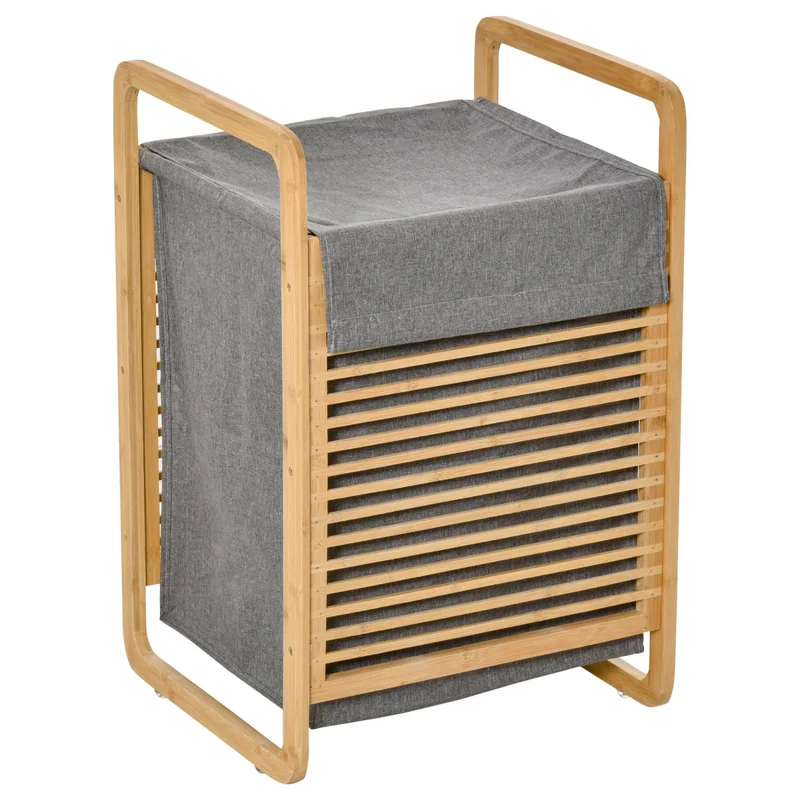 EASYCOMFORT Cesto Portabiancheria con Sacco Rimovibile per il bagno in Bambù e Tessuto - Grigio