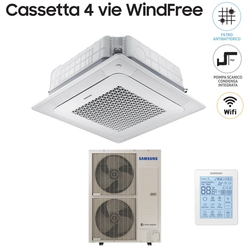 Samsung Inverter-Klimaanlage Kassette 4-Wege WindFree 48000 BTU AC140NN4DKH einphasig mit kabelloser Steuerung und Bedienfeld im Lieferumfang enthalten