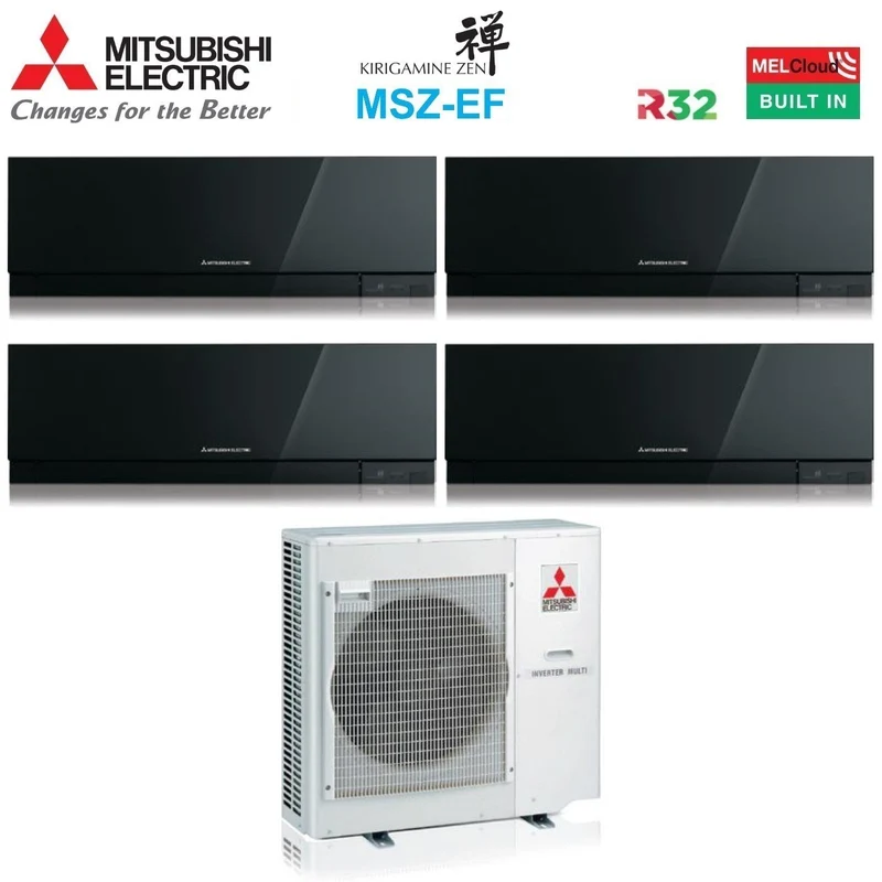 Quadri Split-Inverter-Panels für Klimaanlagen von Mitsubishi Electric, KIRIGAMINE ZEN BLACK, Serie MSZ-EF 7+9+12+12 mit integriertem WLAN MXZ-4F80VF R-32, schwarze Farbe 7000+9000+12000+12000