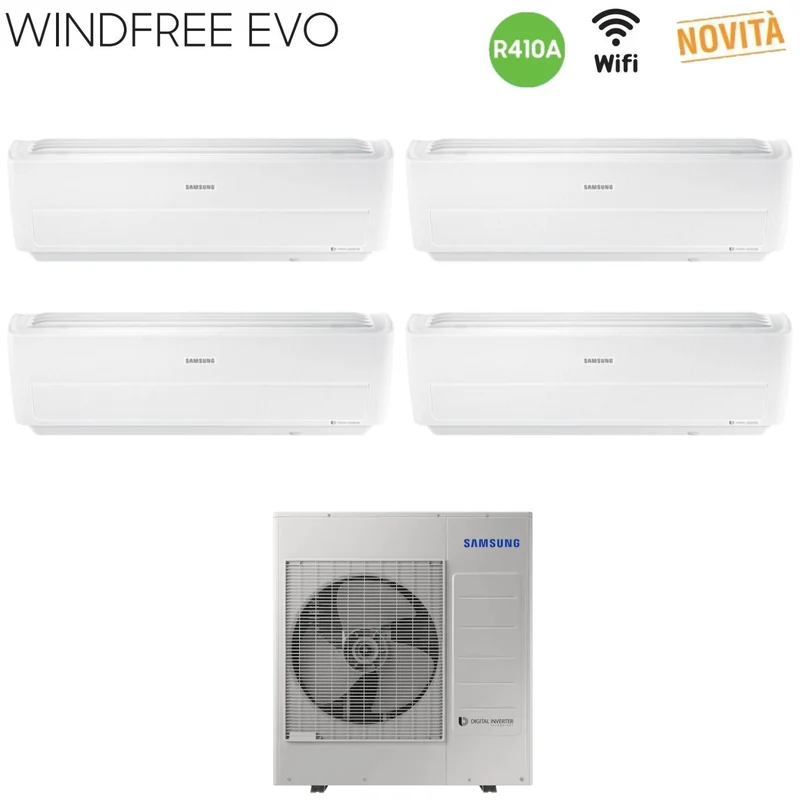 Samsung Quadri Split Inverter-Klimaanlage WINDFREE EVO Serie 9+9+9+12 mit AJ080MCJ4EH R-410 integriertem WLAN 9000+9000+9000+12000 – Neu 2019