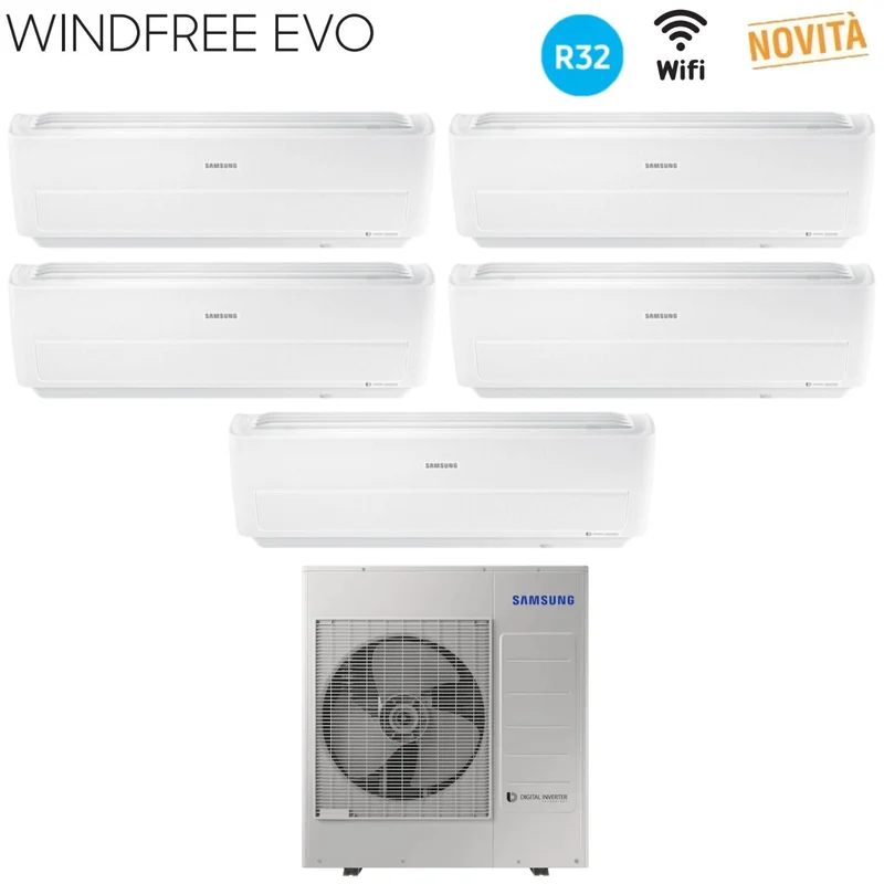 Samsung Penta Split Inverter-Klimaanlage WINDFREE EVO Serie 9+9+9+9+12 mit AJ100RCJ R-32 integriertem WLAN 9000+9000+9000+9000+12000 – Neu 2019