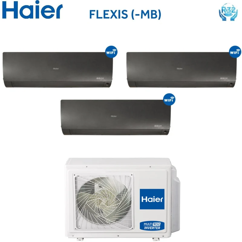Climatizzatore Condizionatore Trial Split Inverter HAIER serie FLEXIS Black / Nero 7000+12000+12000 btu con 3U70S2SR2FA R-32 Wi-Fi 7+12+12 - NOVITA'