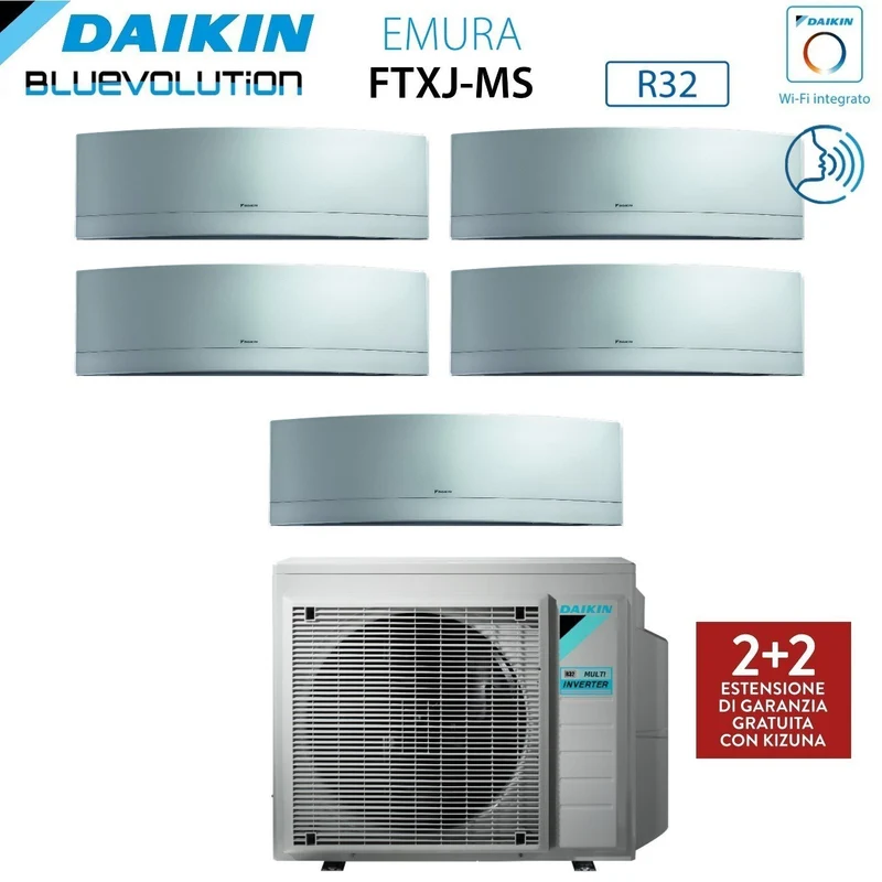 Daikin Bluevolution Penta Split Inverter-Klimaanlage EMURA SILVER Serie 9+9+9+9+9 mit 5MXM90N R-32 integriertem WLAN 9000+9000+9000+9000+9000 Farbe Silber – italienische Garantie