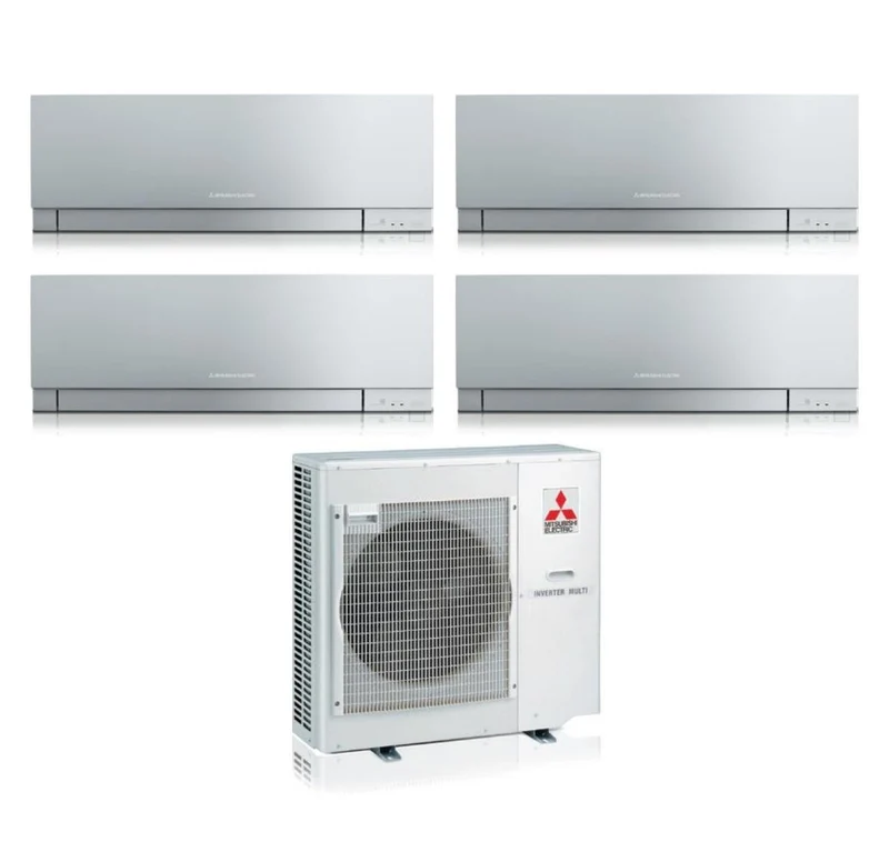 Quadri Split-Inverter-Panels für Klimaanlagen von Mitsubishi Electric, KIRIGAMINE ZEN SILVER, Serie MSZ-EF 9+9+9+12 mit integriertem WLAN MXZ-4F72VF R-32, silberne Farbe 9000+9000+9000+12000