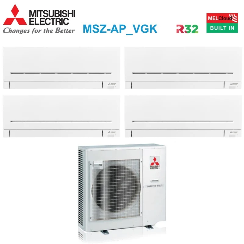 Mitsubishi Electric Quadri Split-Inverter-Panels für Klimaanlagen AP-VGK Serie 5+5+7+7 mit MXZ-4F80VF R-32 integriertem WLAN 5000+5000+7000+7000