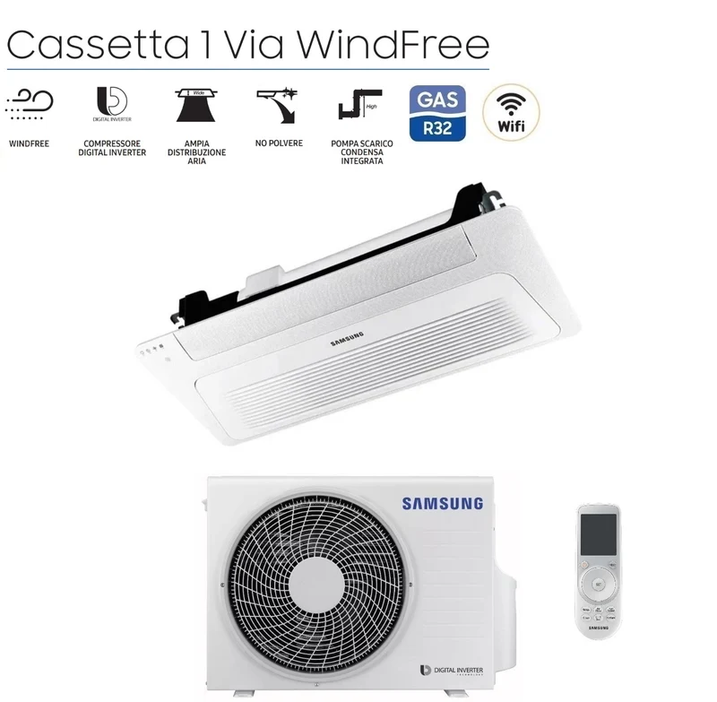 Samsung WindFree 1-Wege-Slim-Kassettenklimagerät 12000 Btu AC035RN1DKG R-32 Wi-Fi optional mit Bedienfeld und Fernbedienung im Lieferumfang enthalten