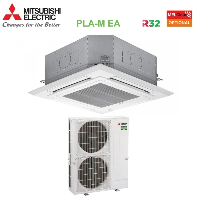 Climatizzatore Condizionatore Mitsubishi Electric Cassetta 90x90 a 4 Vie 42000 Btu PLA-M125EA + PUZ-M125YKA Trifase R-32 Wi-Fi Optional con Griglia Inclusa