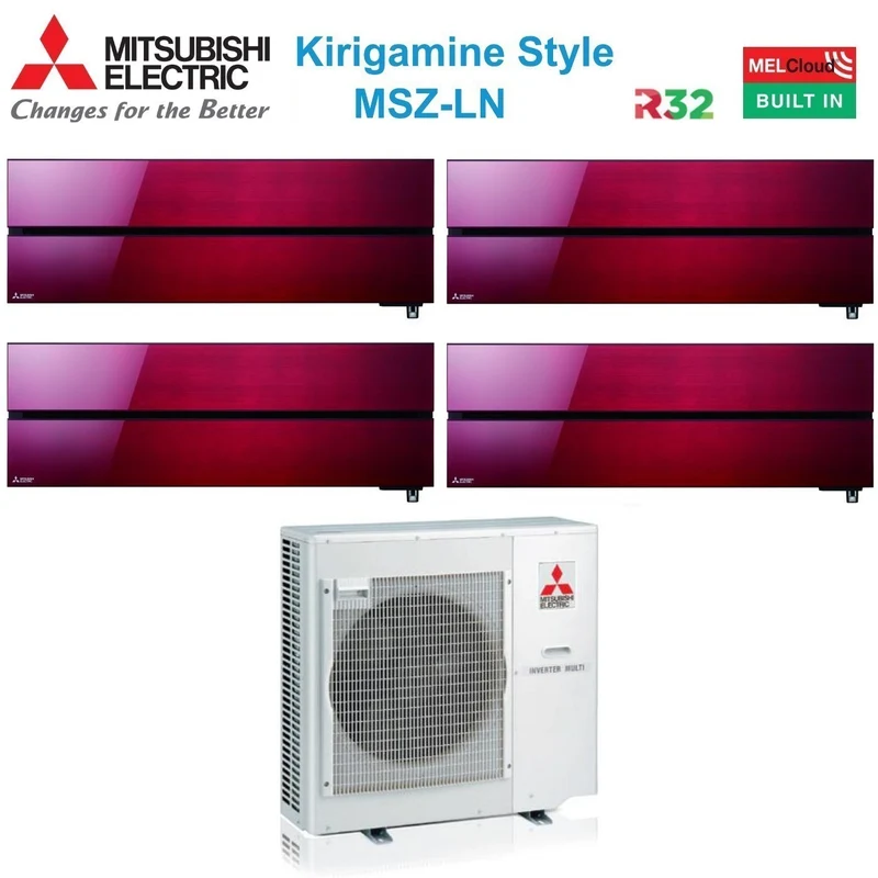 Mitsubishi Electric Quadri Split-Inverter-Panels für Klimaanlagen, Kirigamine-Stil, Serie MSZ-LN 9+9+9+12 mit MXZ-4F80VF, Rubinrot R-32, integriertes WLAN, rote Farbe 9000+9000+9000+12000