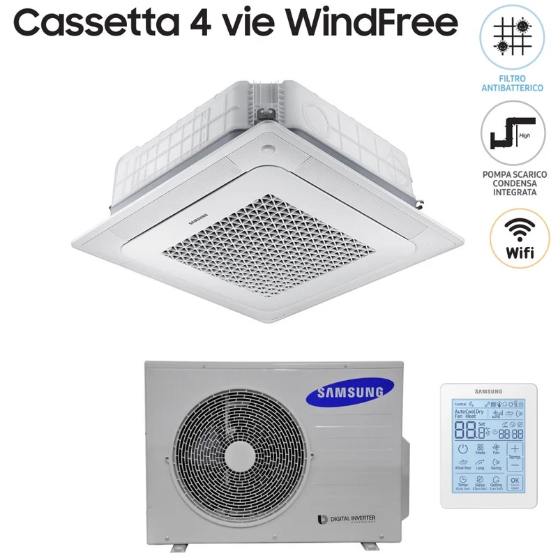Samsung Inverter-Klimaanlage Kassette 4-Wege WindFree 36000 BTU AC100NN4DKH einphasig mit kabelloser Fernbedienung und Bedienfeld im Lieferumfang enthalten