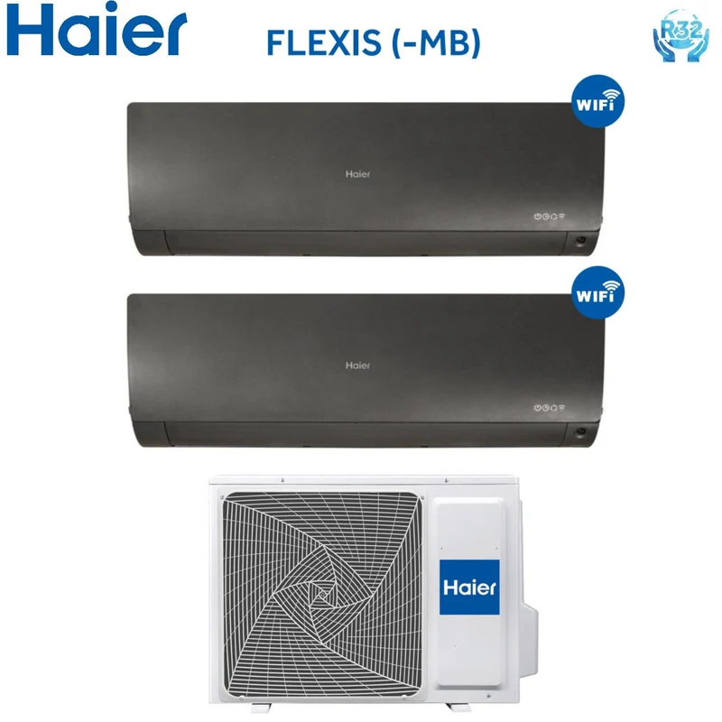 Haier Dual-Split-Inverter-Klimaanlage FLEXIS BLACK 9+9-Serie mit 2U40S2SC1FA R-32 integriertem WLAN 9000+9000, schwarze Farbe – Neu
