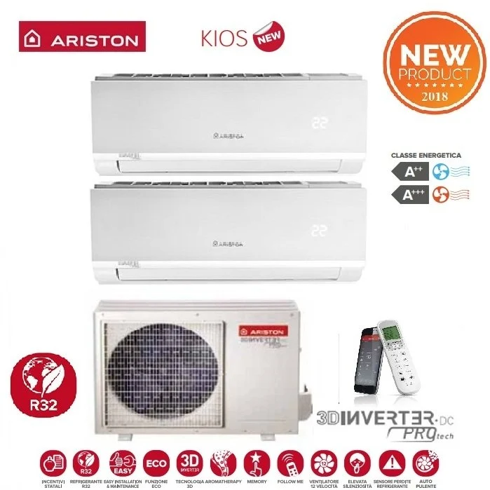 CLIMATIZZATORE CONDIZIONATORE ARISTON DUAL SPLIT INVERTER serie KIOS 9+9 con DUAL 50 XD0-O R-32 Wi-Fi OPTIONAL 9000+9000 btu