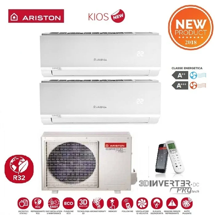 CLIMATIZZATORE CONDIZIONATORE ARISTON DUAL SPLIT INVERTER serie KIOS 12+12 con DUAL 50 XD0-O R-32 Wi-Fi OPTIONAL 12000+12000 btu