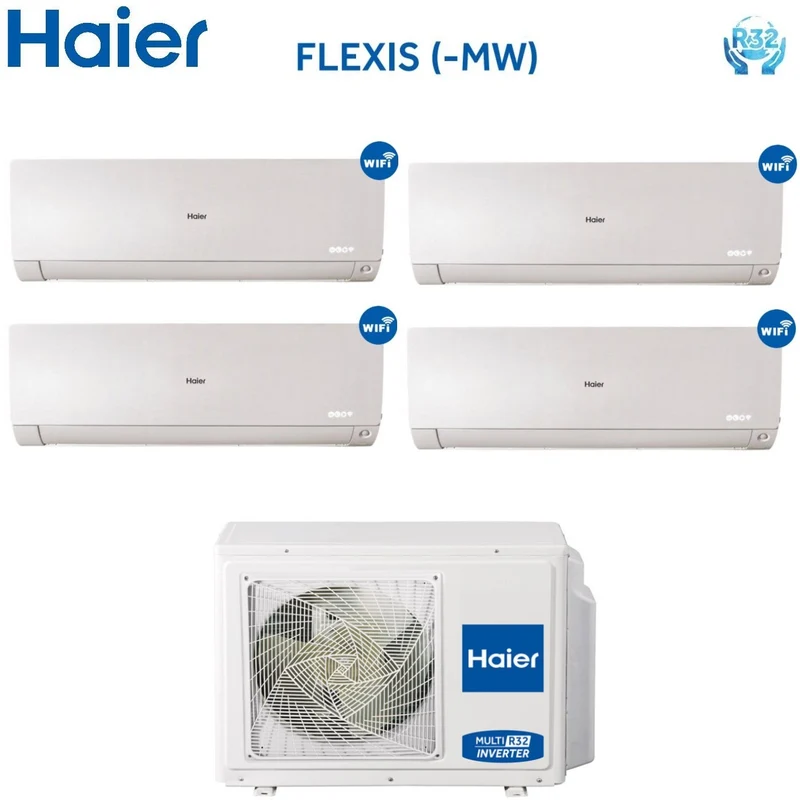 HAIER Quadri Split-Inverter-Klimaanlage FLEXIS White Serie 7000+12000+12000+12000 BTU mit 4U85S2SR2FA integriertem WLAN R-32 Wi-Fi 7+12+12+12 – Neu