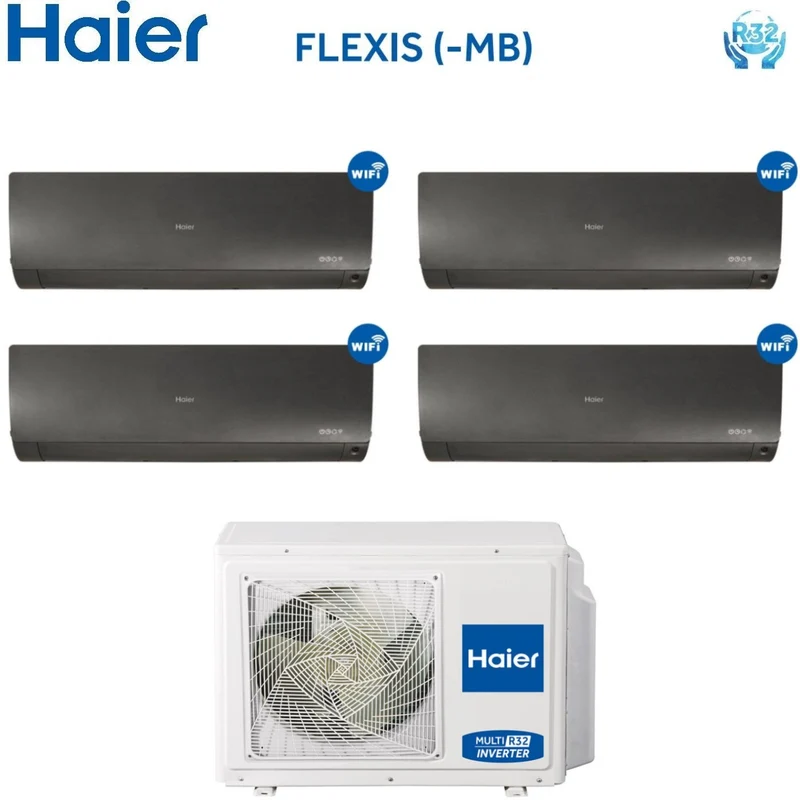 HAIER Quadri Split-Inverter-Klimaanlage FLEXIS Black-Serie (Schwarz) 7000+7000+7000+7000 BTU mit 4U75S2SR2FA integriertem WLAN R-32 Wi-Fi 7+7+7+7 – NEU