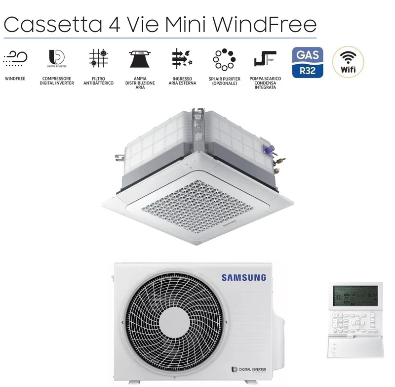 Samsung Inverter-Klimaanlage Kassette 4-Wege Mini Windfree 24000 BTU R-32 AC071RNNDKG mit Panel und kabelgebundener Steuerung – NEU