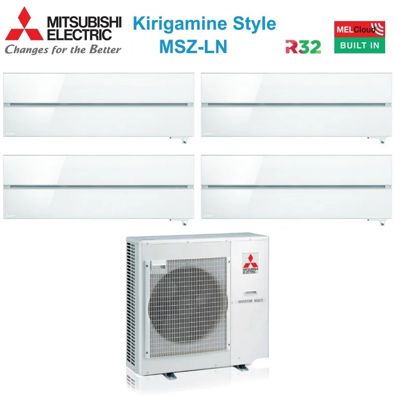 Mitsubishi Electric Quadri Split-Inverter-Panels für Klimaanlagen, Kirigamine-Stil, Serie MSZ-LN 9+9+12+12 mit MXZ-4F80VF, Perlweiß R-32, integriertes WLAN, Farbe Perlweiß 9000+9000+12000+12000