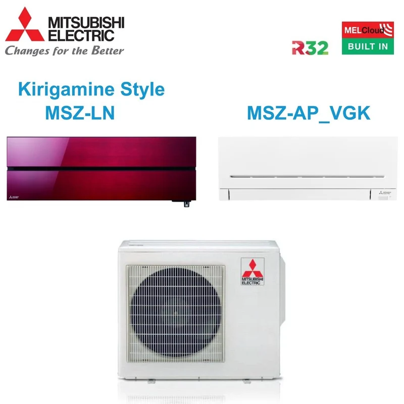Klimaanlage Mitsubishi Electric Kirigamine Style Ruby Red 12000 + AP-VGK 18000 mit MXZ-3F68VF R-32 Integriertes WLAN 12+18