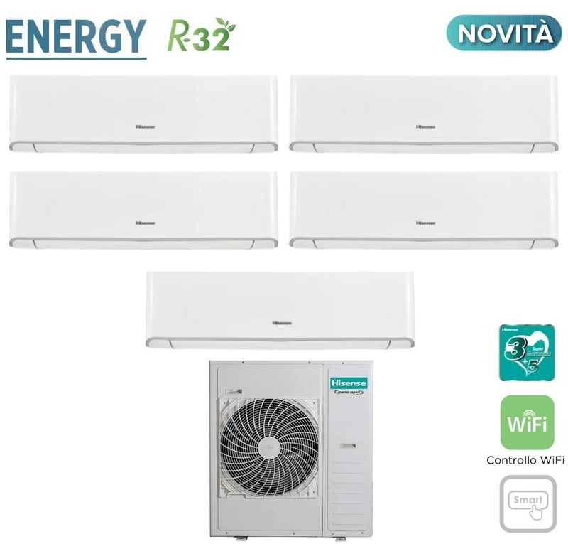 Hisense Penta Split-Inverter-Klimaanlage ENERGY Serie 9+9+9+12+12 mit 5AMW125U4RTA R-32 Integriertes WLAN 9000+9000+9000+12000+12000 - Neu