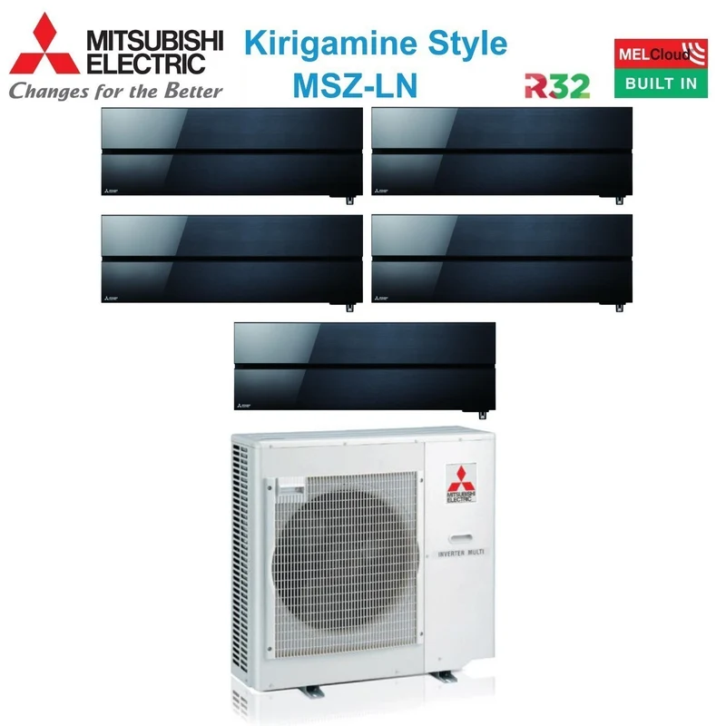 Klimaanlage Mitsubishi Electric Penta Split Inverter Kirigamine Style Serie MSZ-LN 9+9+9+9+12 mit MXZ-5F102VF Onyx Black R-32 Integriertes WLAN Schwarz Farbe 9000+9000+9000+9000+12000