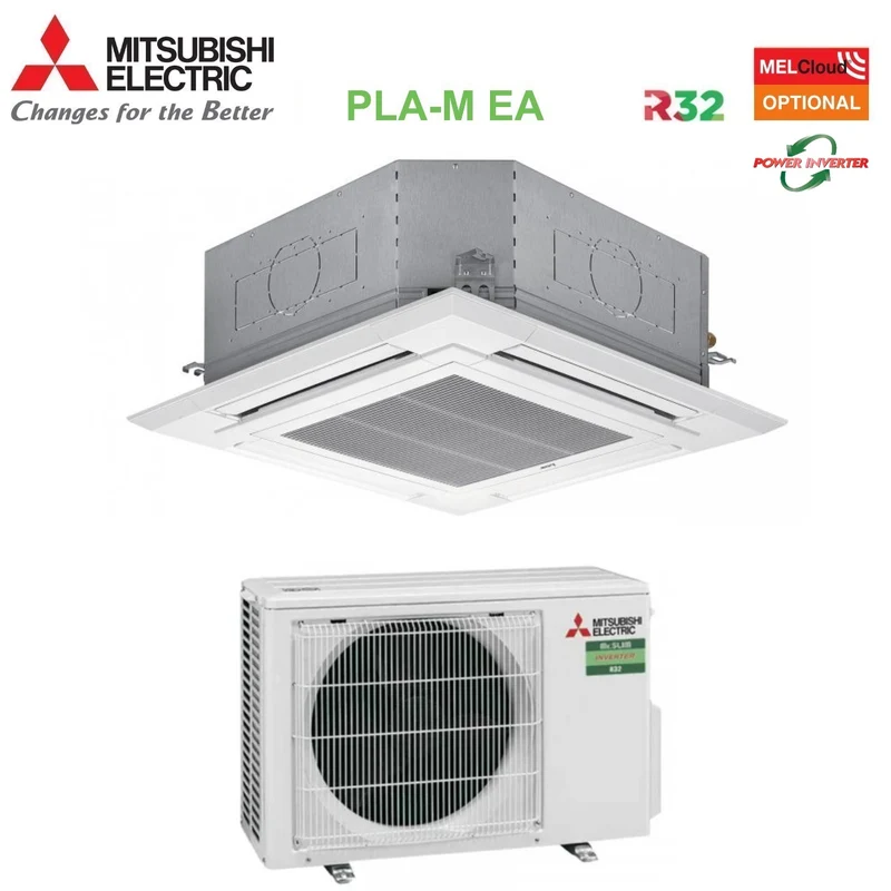 Klimaanlage Mitsubishi Electric Cassetta Power Inverter 90x90 a 4 Vie 12000 Btu PLA-M35EA + PUZ-ZM35VKA R-32 WLAN optional mit Griglia Inclusa