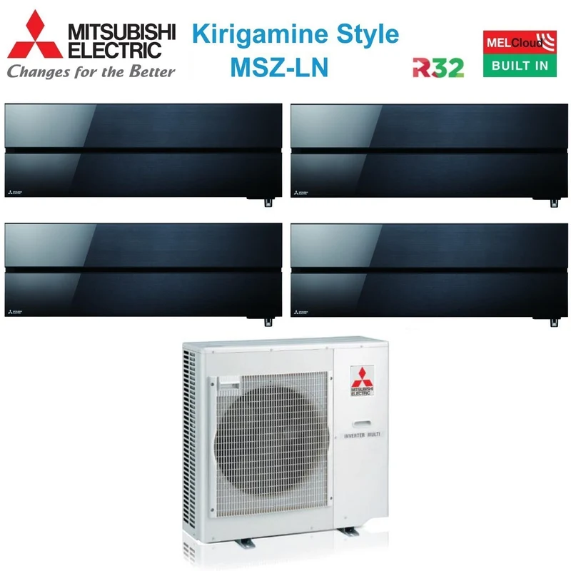 Quadri Split-Inverter-Panels für Klimaanlagen von Mitsubishi Electric, Kirigamine-Stil, Serie MSZ-LN 9+9+9+12 mit MXZ-4F80VF, Onyxschwarz R-32, integriertes WLAN, schwarze Farbe 9000+9000+9000+12000