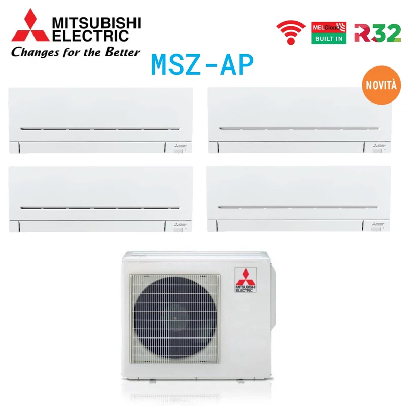 Mitsubishi Electric Quadri Split-Inverter-Panels für Klimaanlagen AP-VGK Serie 5+5+7+9 mit MXZ-4F80VF R-32 integriertem WLAN 5000+5000+7000+9000