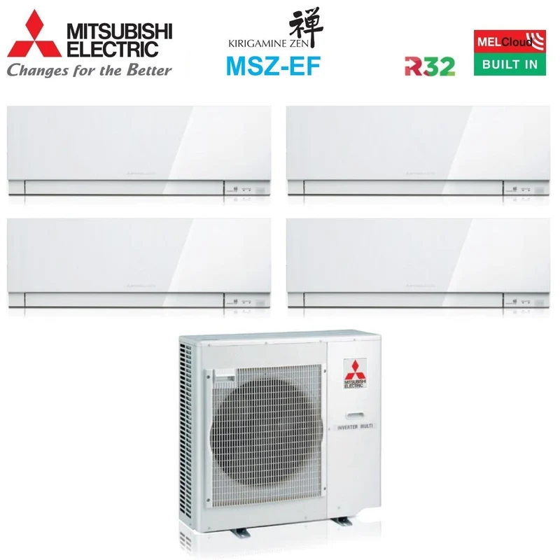 Quadri Split-Inverter-Panels für Klimaanlagen von Mitsubishi Electric, KIRIGAMINE ZEN WHITE, Serie MSZ-EF 7+7+9+12 mit integriertem WLAN MXZ-4F80VF R-32, weiße Farbe 7000+7000+9000+12000