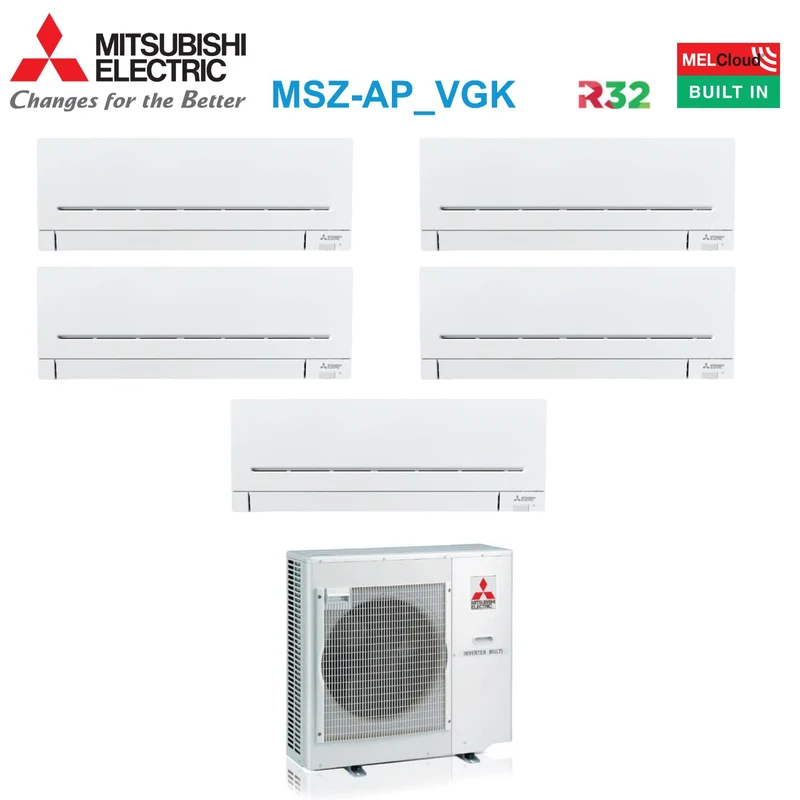 Mitsubishi Electric Penta Split Inverter-Klimaanlage AP-VGK Serie 9+9+9+9+12 mit MXZ-5F102VF R-32 integriertem WLAN 9000+9000+9000+9000+12000