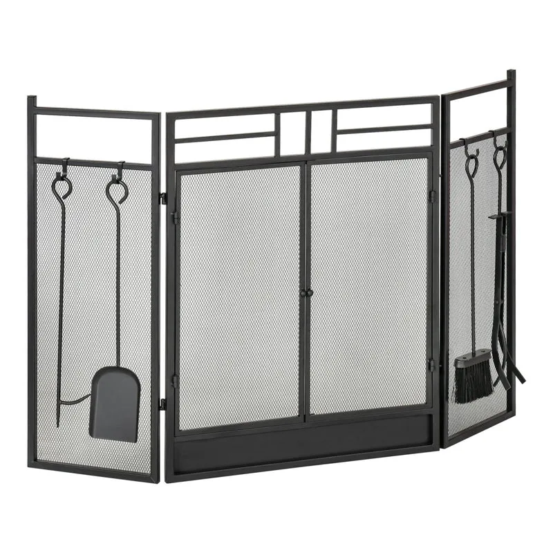 Easycomfort Parascintille Camino Moderno, Parafuoco Pieghevole con 2 Porte in Metallo Nero, 122x1.6x80cm